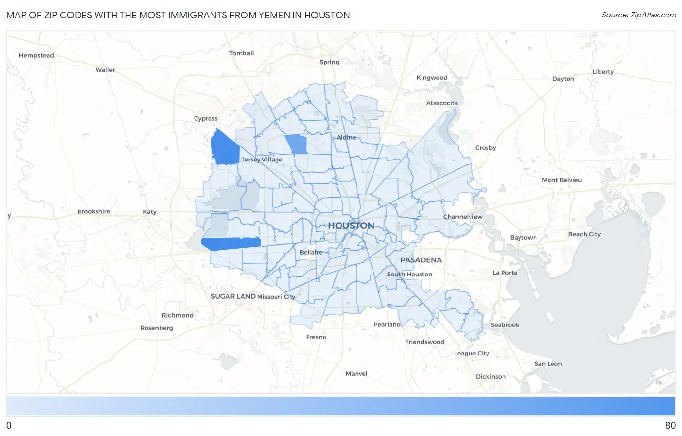 Zip Codes with the Most Immigrants from Yemen in Houston Map