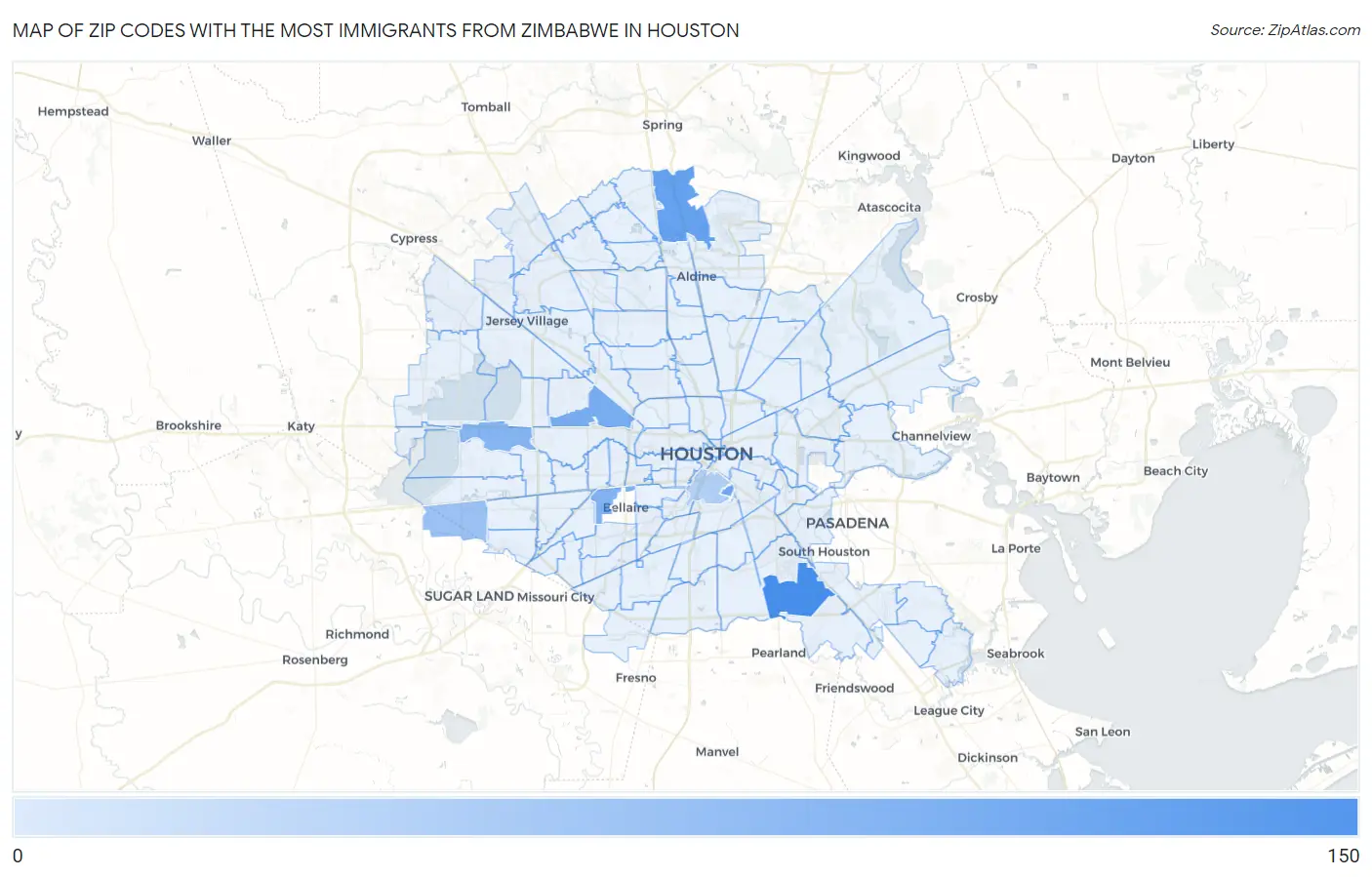 Zip Codes with the Most Immigrants from Zimbabwe in Houston Map