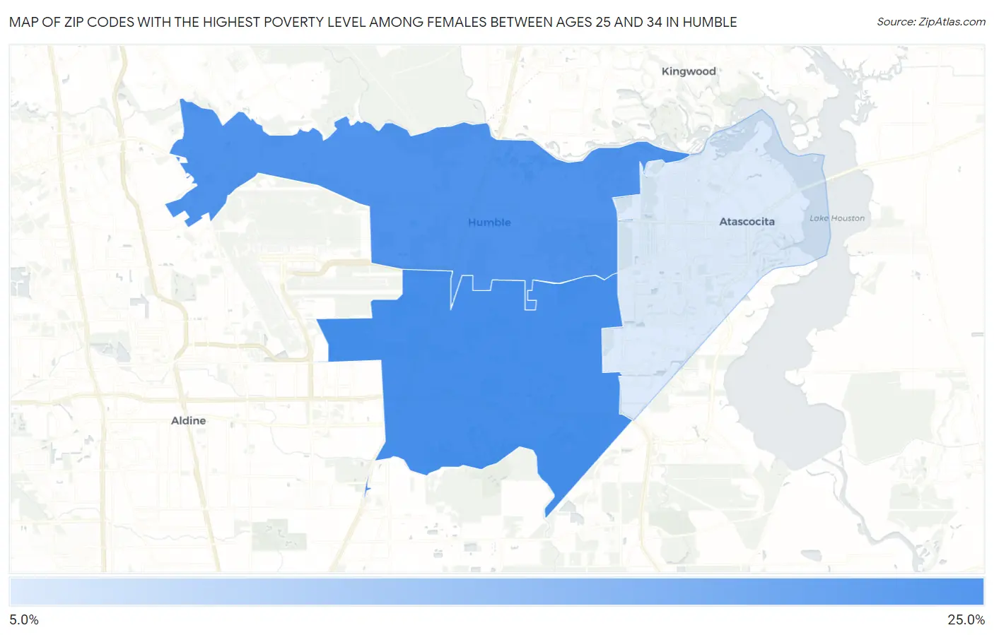 Zip Codes with the Highest Poverty Level Among Females Between Ages 25 and 34 in Humble Map