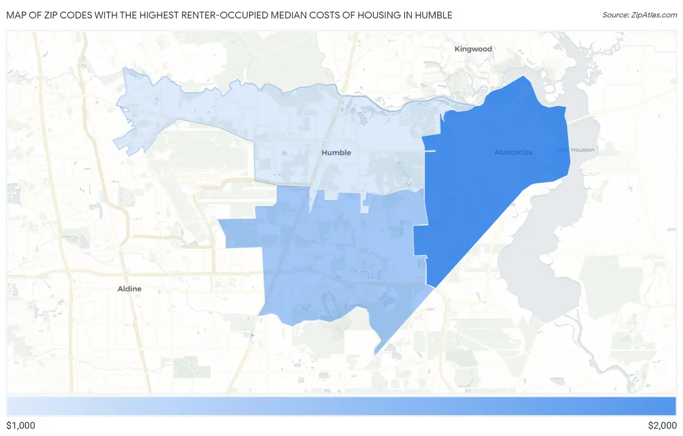 Zip Codes with the Highest Renter-Occupied Median Costs of Housing in Humble Map