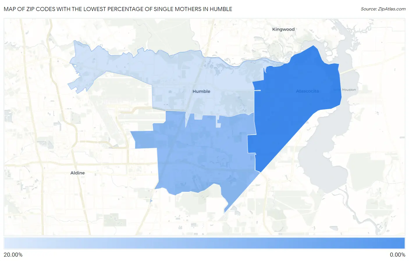 Zip Codes with the Lowest Percentage of Single Mothers in Humble Map