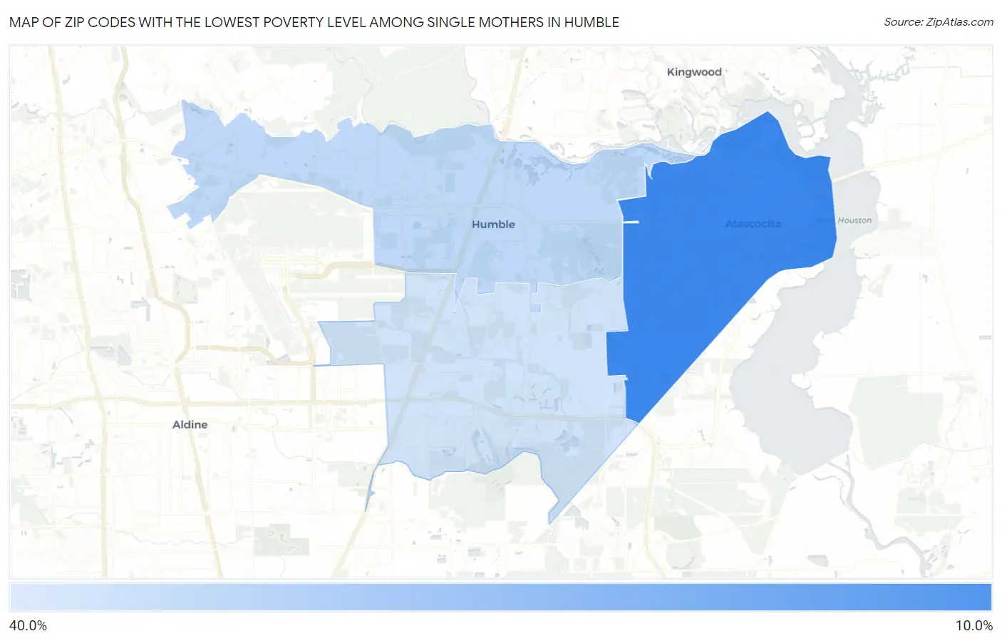 Zip Codes with the Lowest Poverty Level Among Single Mothers in Humble Map