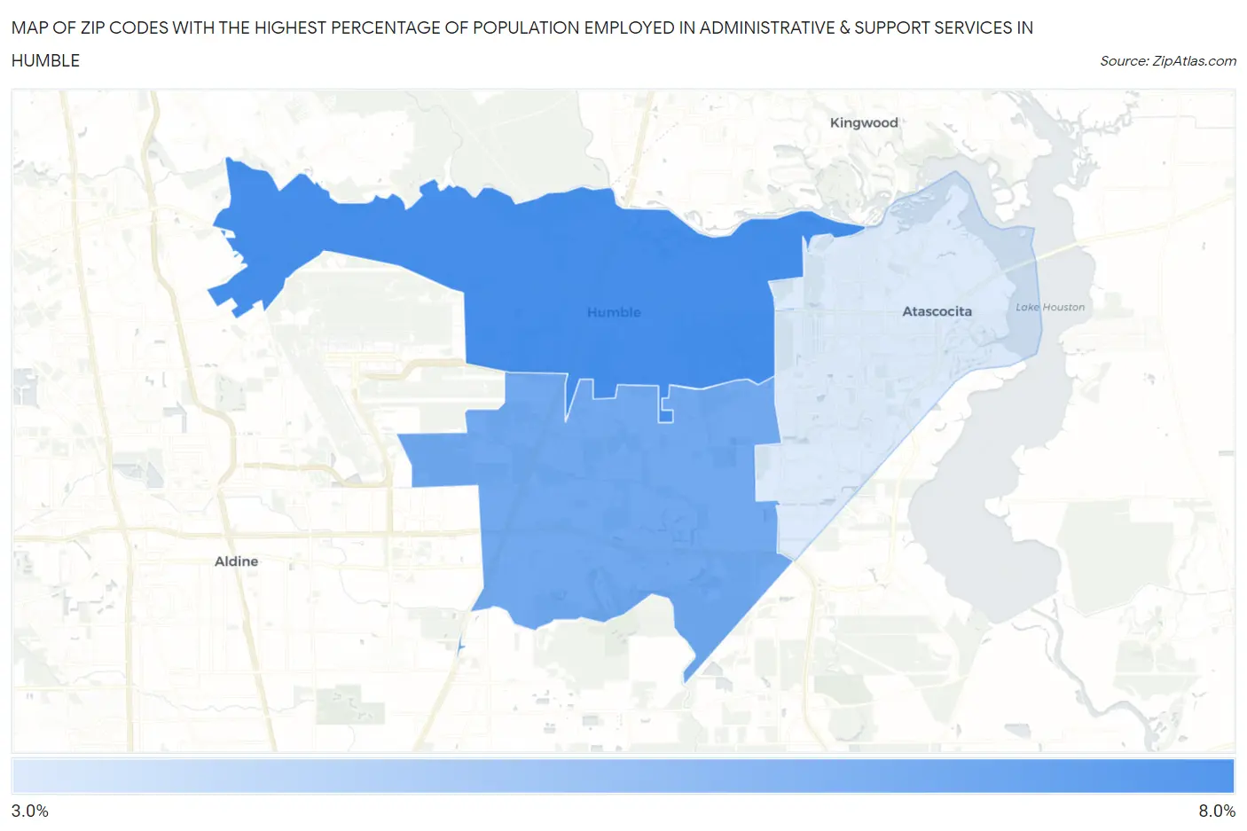 Zip Codes with the Highest Percentage of Population Employed in Administrative & Support Services in Humble Map