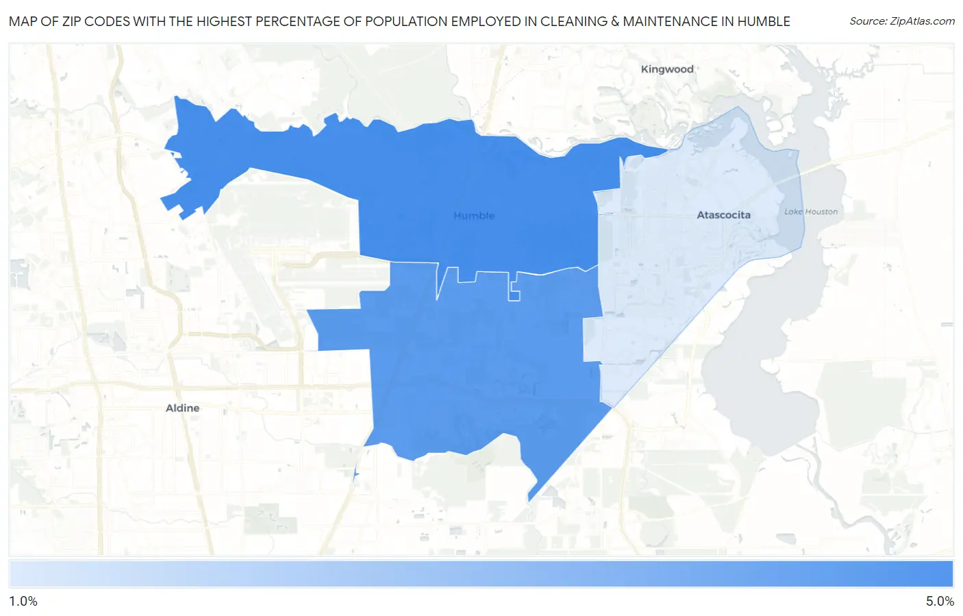 Zip Codes with the Highest Percentage of Population Employed in Cleaning & Maintenance in Humble Map