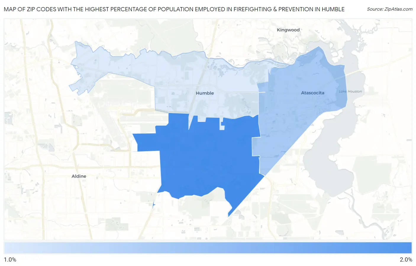 Zip Codes with the Highest Percentage of Population Employed in Firefighting & Prevention in Humble Map