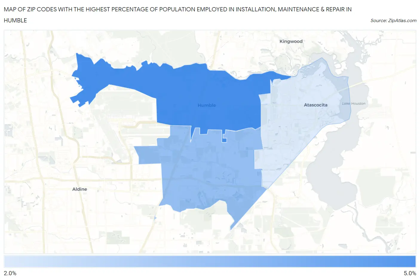 Zip Codes with the Highest Percentage of Population Employed in Installation, Maintenance & Repair in Humble Map