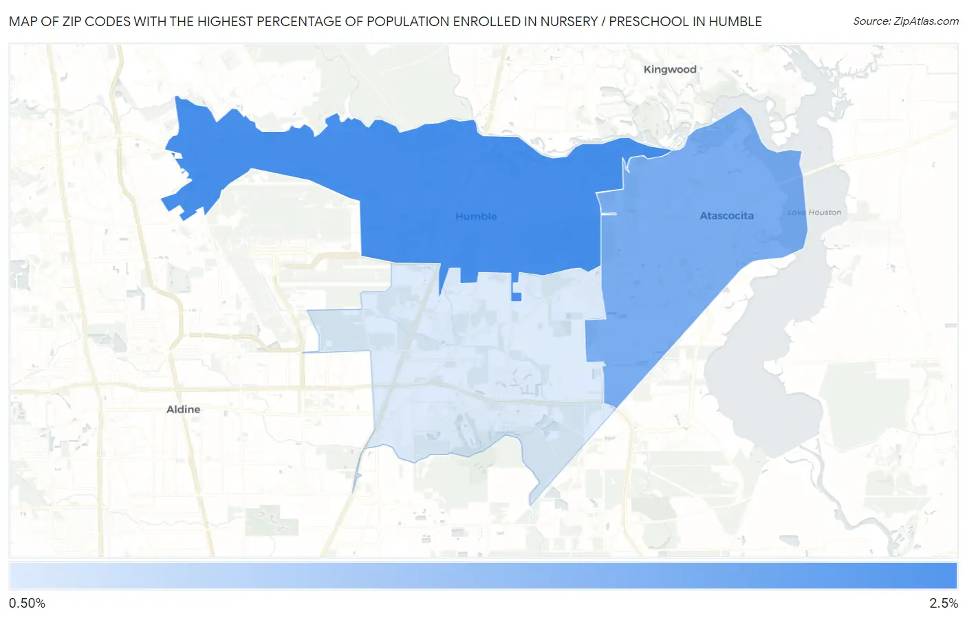 Zip Codes with the Highest Percentage of Population Enrolled in Nursery / Preschool in Humble Map