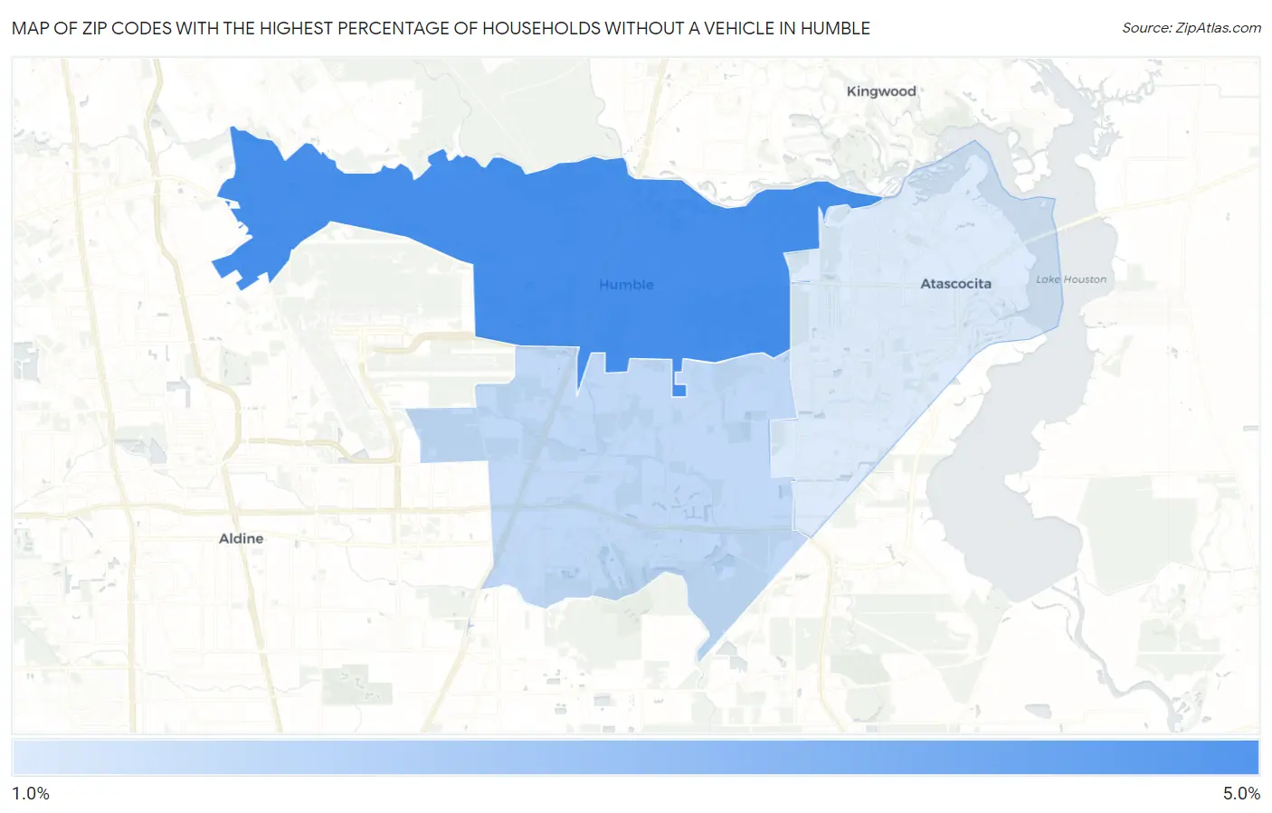 Zip Codes with the Highest Percentage of Households Without a Vehicle in Humble Map