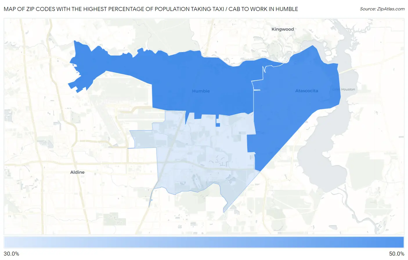 Zip Codes with the Highest Percentage of Population Taking Taxi / Cab to Work in Humble Map