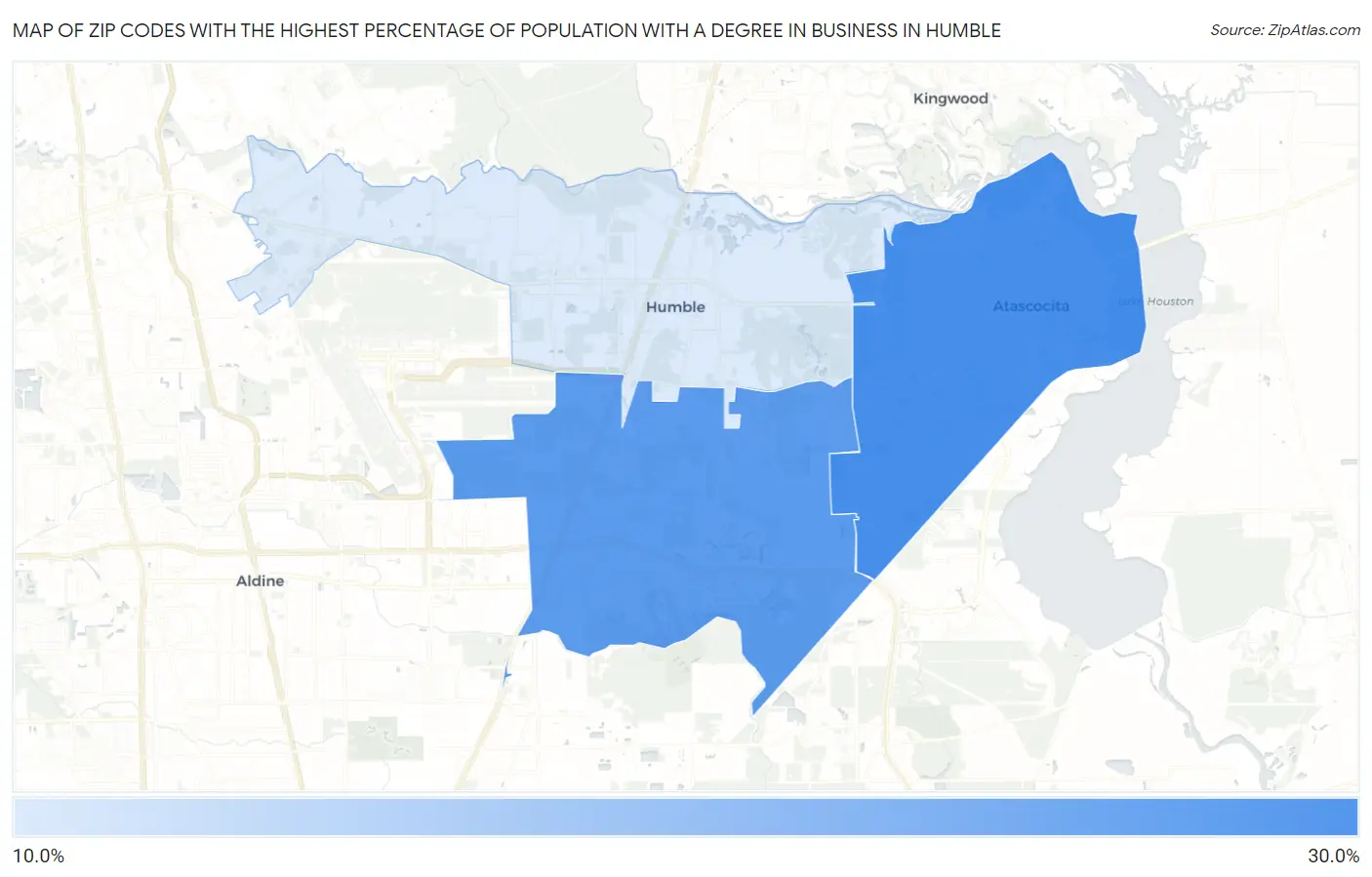 Zip Codes with the Highest Percentage of Population with a Degree in Business in Humble Map