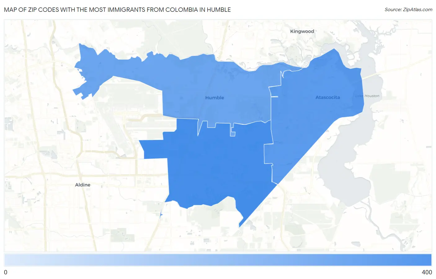 Zip Codes with the Most Immigrants from Colombia in Humble Map