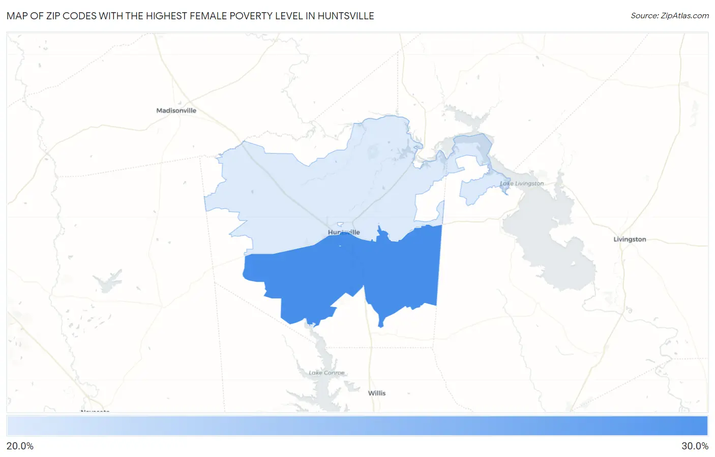 Zip Codes with the Highest Female Poverty Level in Huntsville Map