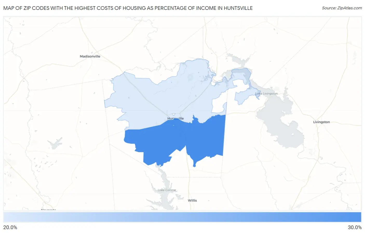 Zip Codes with the Highest Costs of Housing as Percentage of Income in Huntsville Map