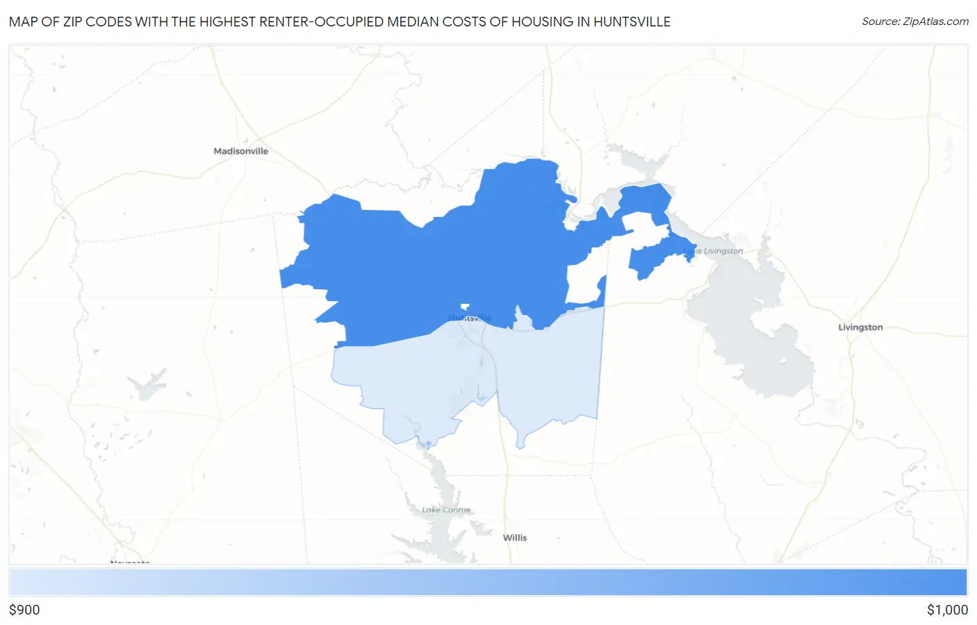 Zip Codes with the Highest Renter-Occupied Median Costs of Housing in Huntsville Map
