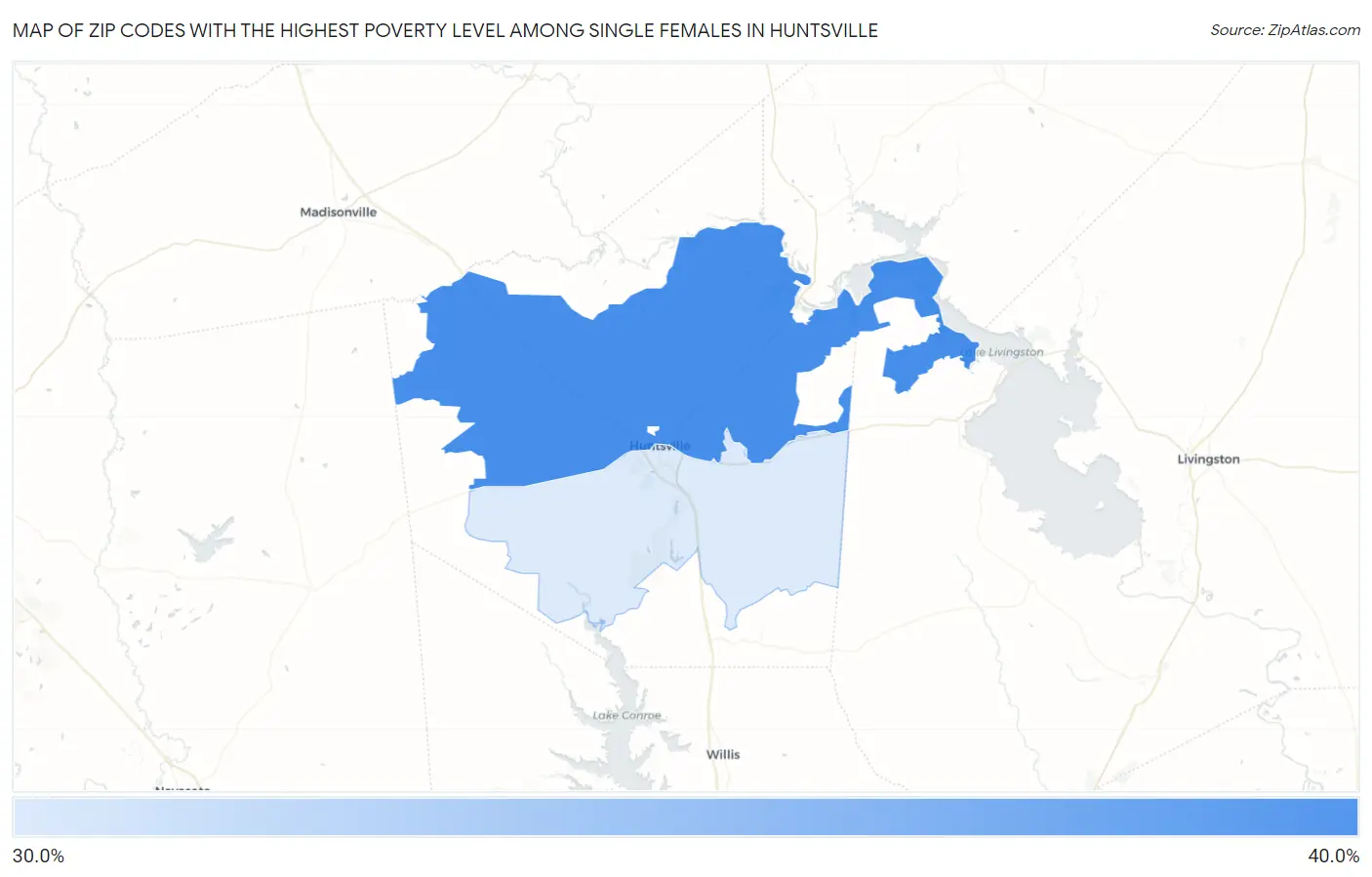 Zip Codes with the Highest Poverty Level Among Single Females in Huntsville Map