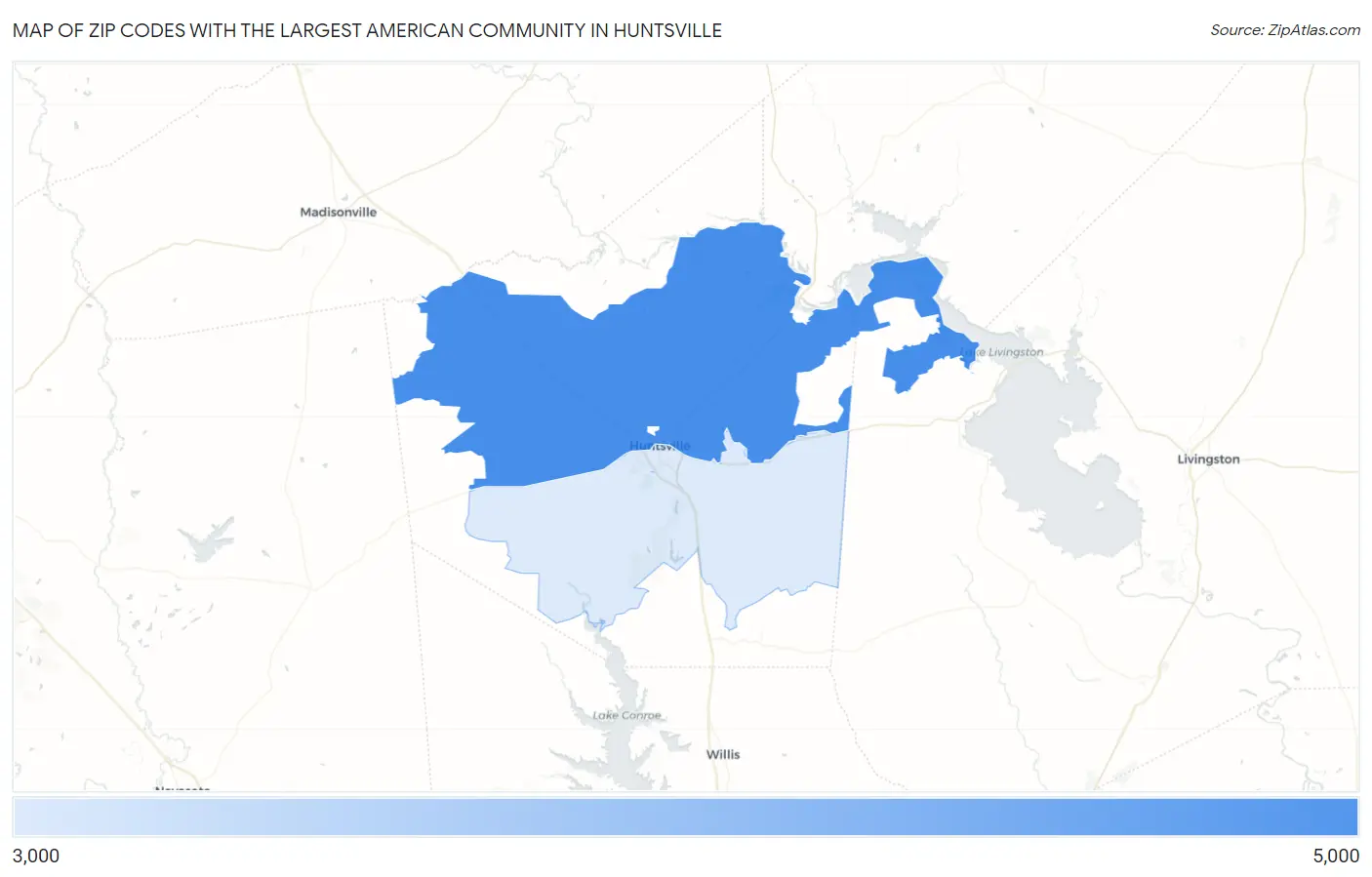 Zip Codes with the Largest American Community in Huntsville Map