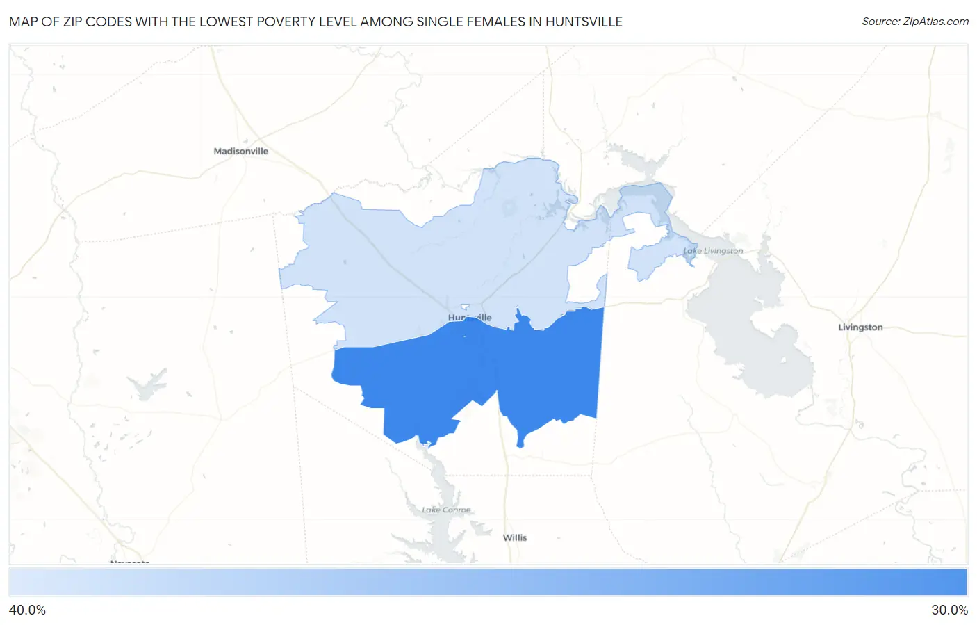 Zip Codes with the Lowest Poverty Level Among Single Females in Huntsville Map