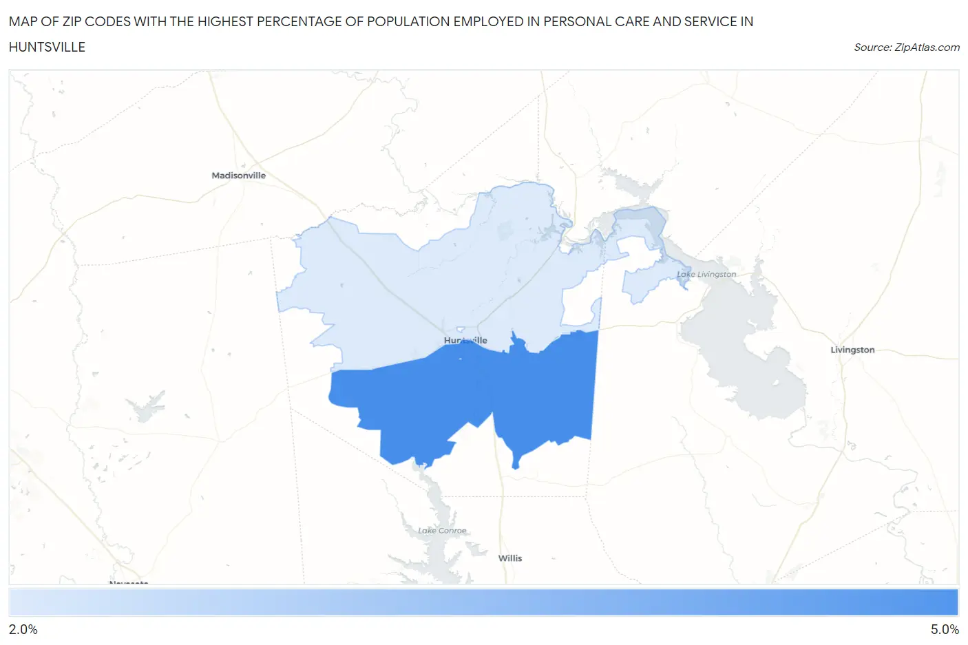 Zip Codes with the Highest Percentage of Population Employed in Personal Care and Service in Huntsville Map