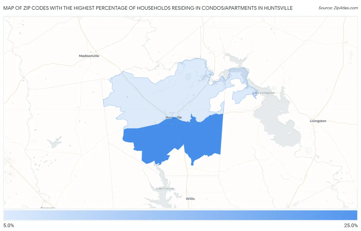 Zip Codes with the Highest Percentage of Households Residing in Condos/Apartments in Huntsville Map