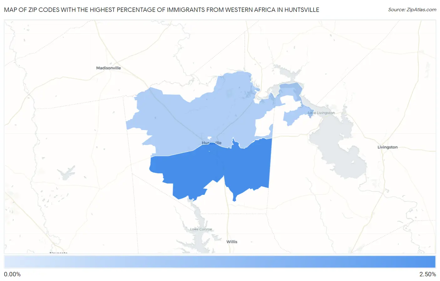 Zip Codes with the Highest Percentage of Immigrants from Western Africa in Huntsville Map