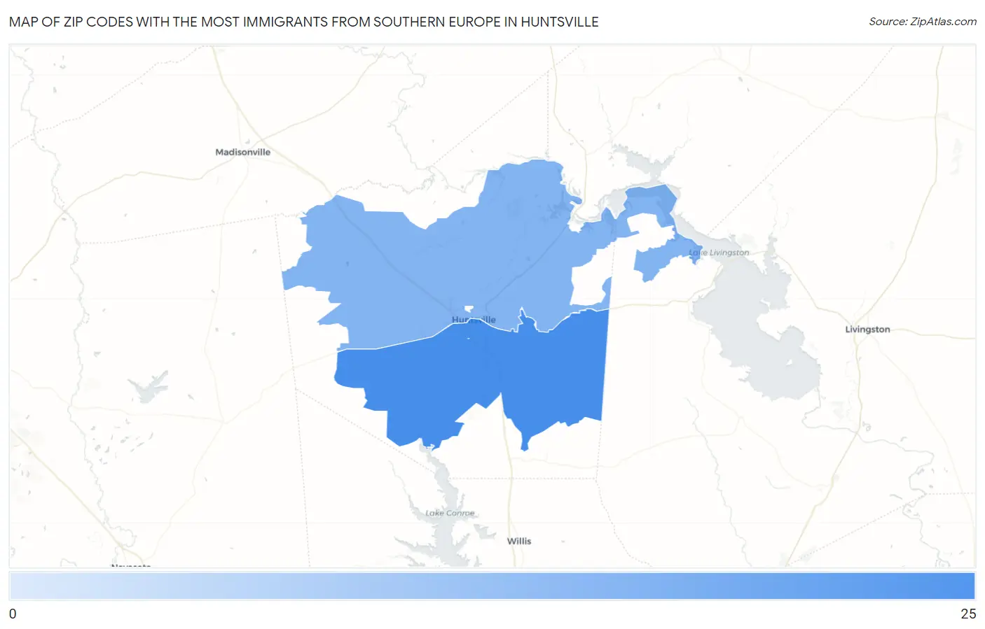 Zip Codes with the Most Immigrants from Southern Europe in Huntsville Map