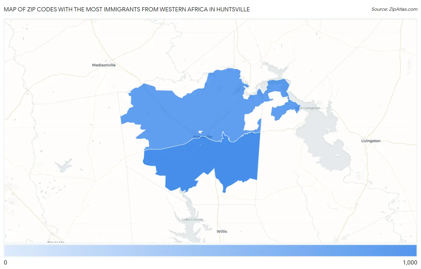 Zip Codes with the Most Immigrants from Western Africa in Huntsville Map