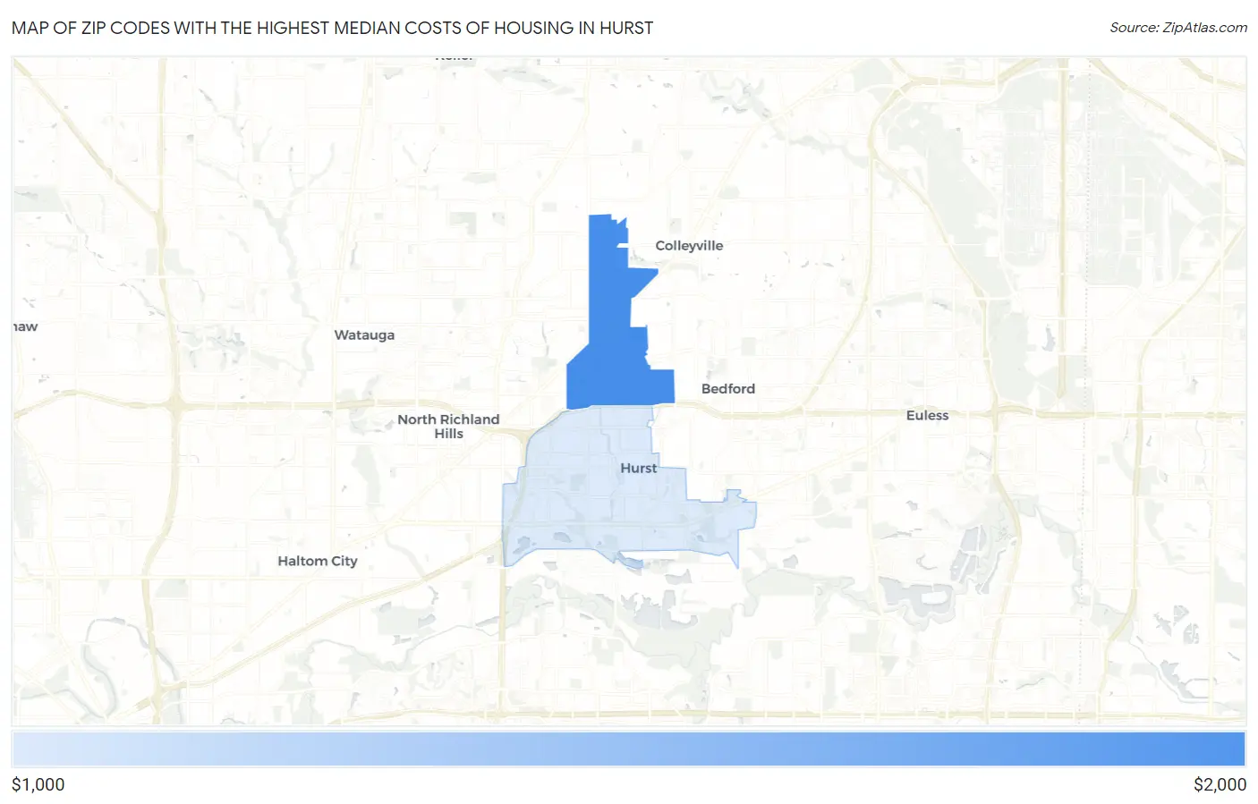 Zip Codes with the Highest Median Costs of Housing in Hurst Map