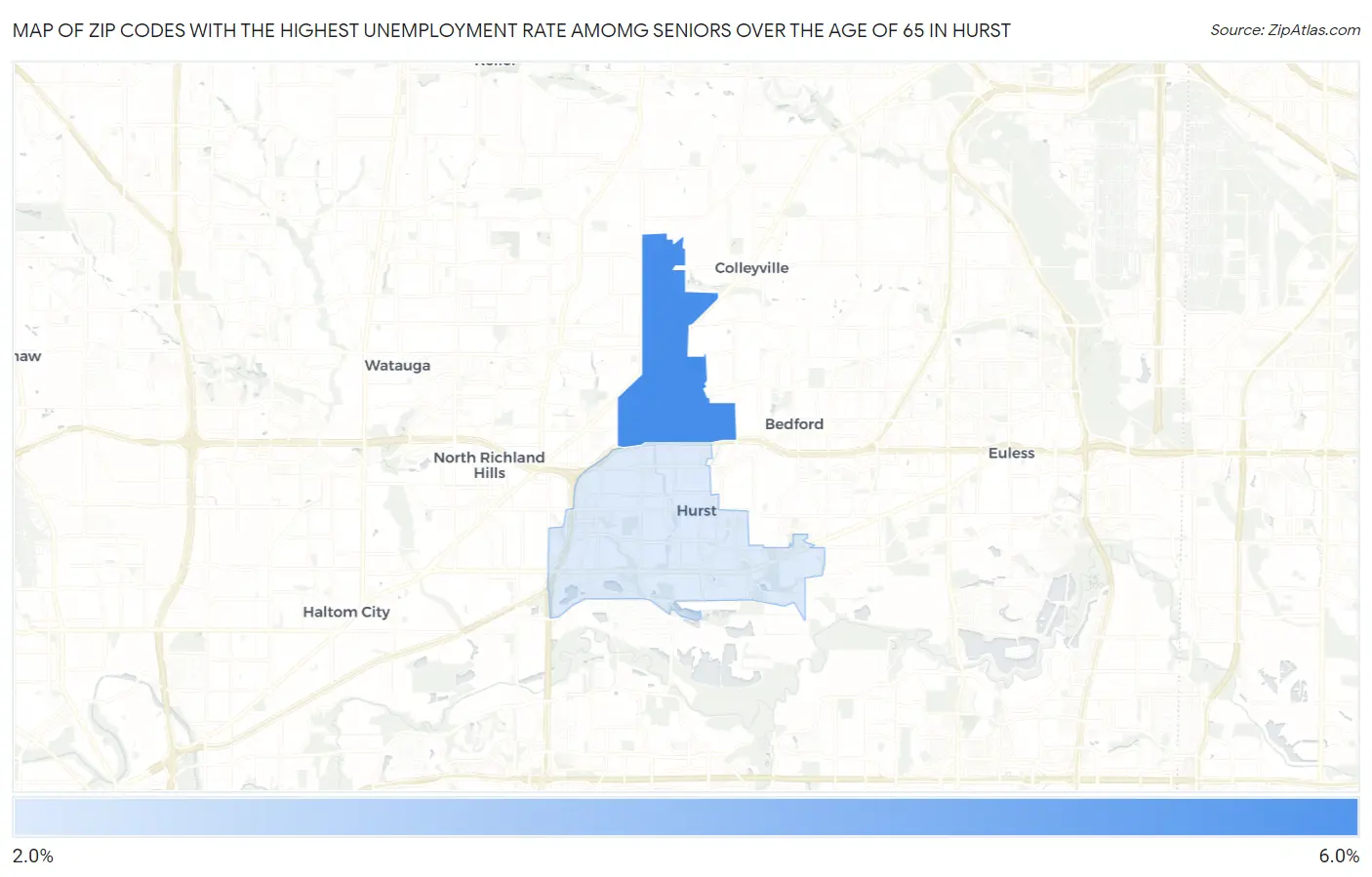 Zip Codes with the Highest Unemployment Rate Amomg Seniors Over the Age of 65 in Hurst Map