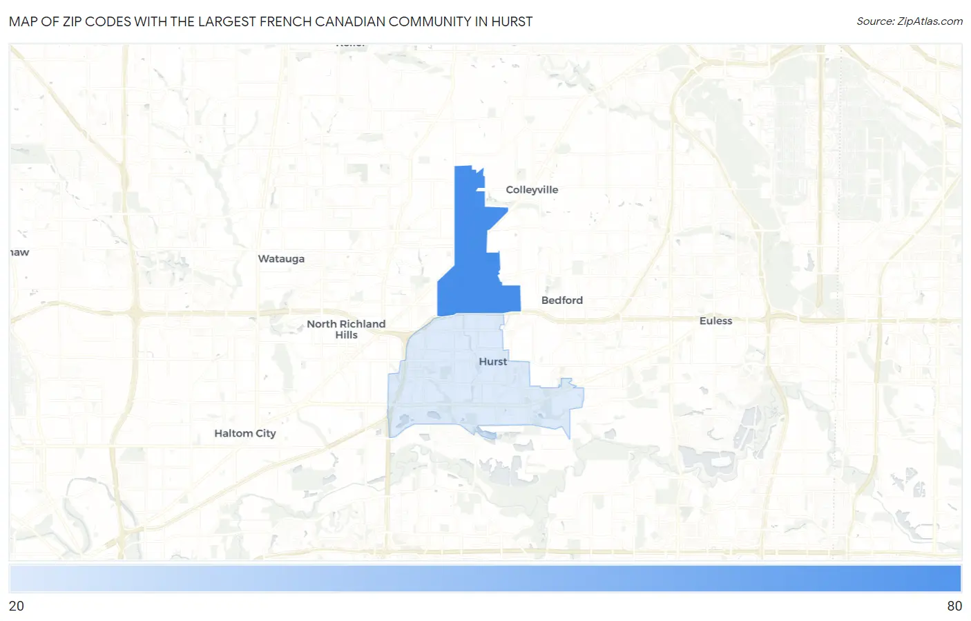 Zip Codes with the Largest French Canadian Community in Hurst Map