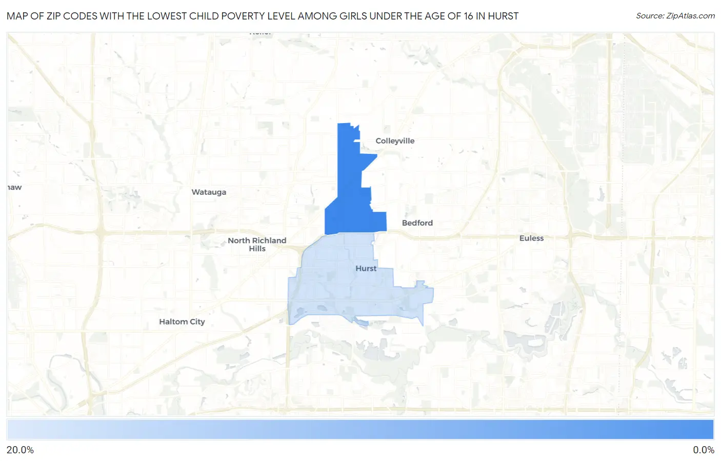 Zip Codes with the Lowest Child Poverty Level Among Girls Under the Age of 16 in Hurst Map