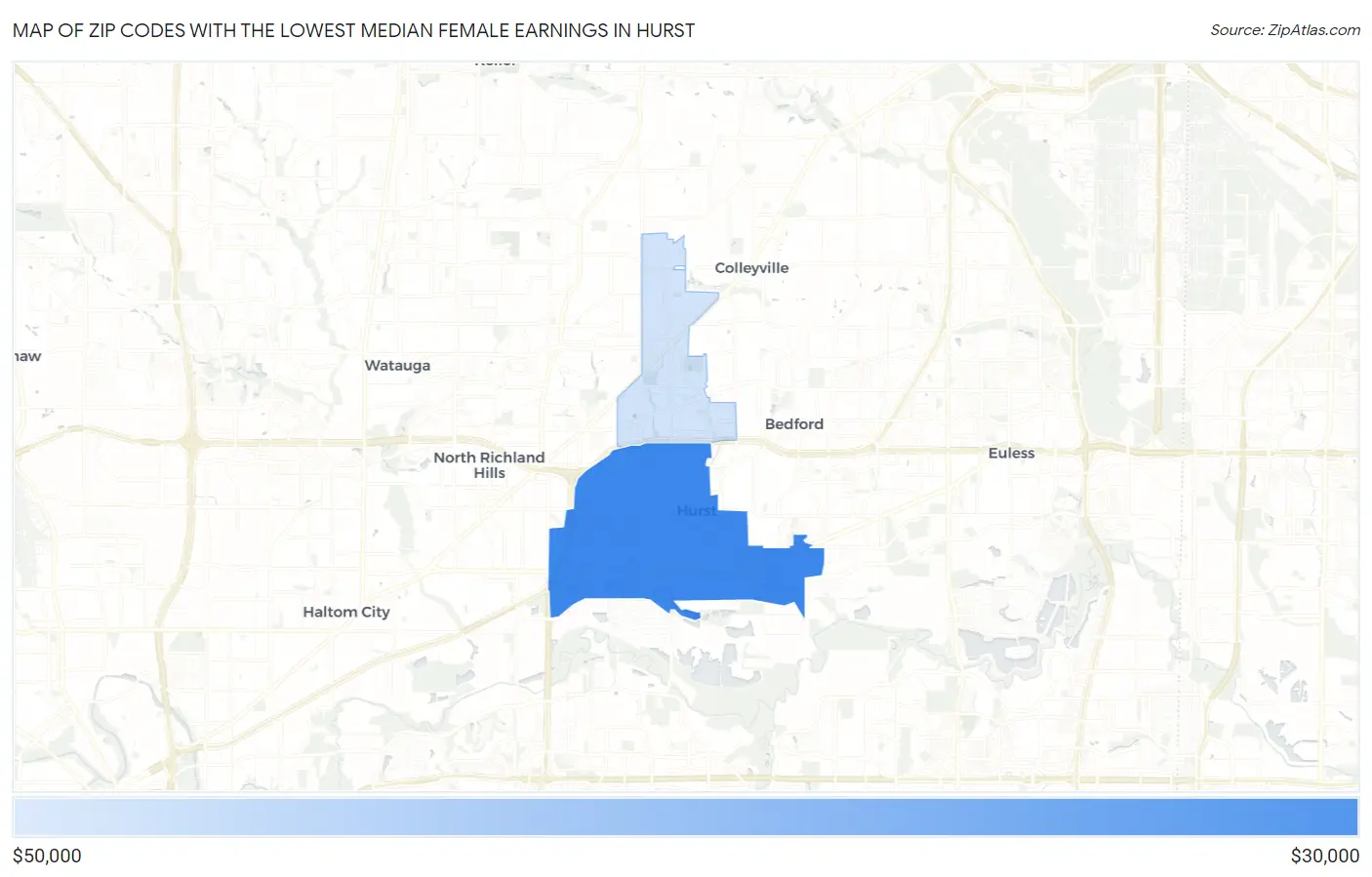 Zip Codes with the Lowest Median Female Earnings in Hurst Map