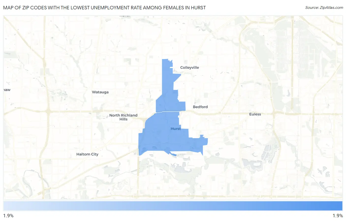 Zip Codes with the Lowest Unemployment Rate Among Females in Hurst Map