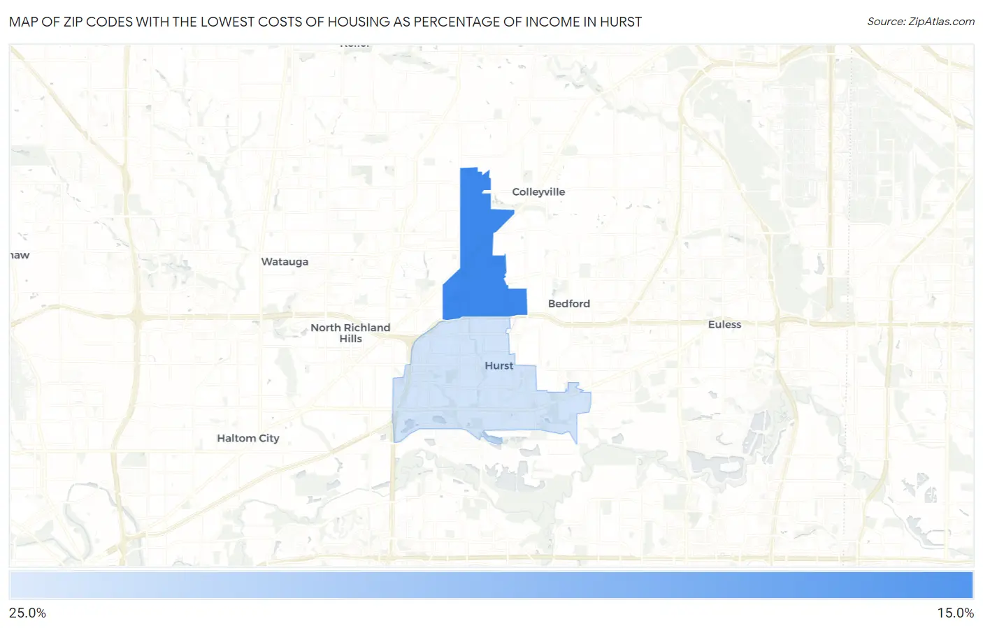 Zip Codes with the Lowest Costs of Housing as Percentage of Income in Hurst Map