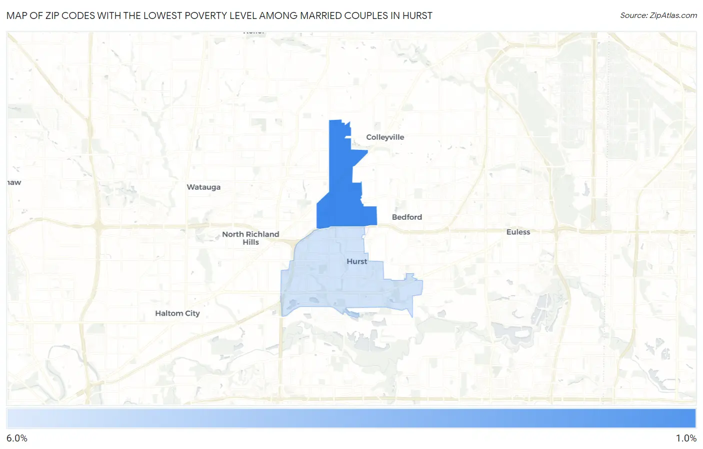 Zip Codes with the Lowest Poverty Level Among Married Couples in Hurst Map