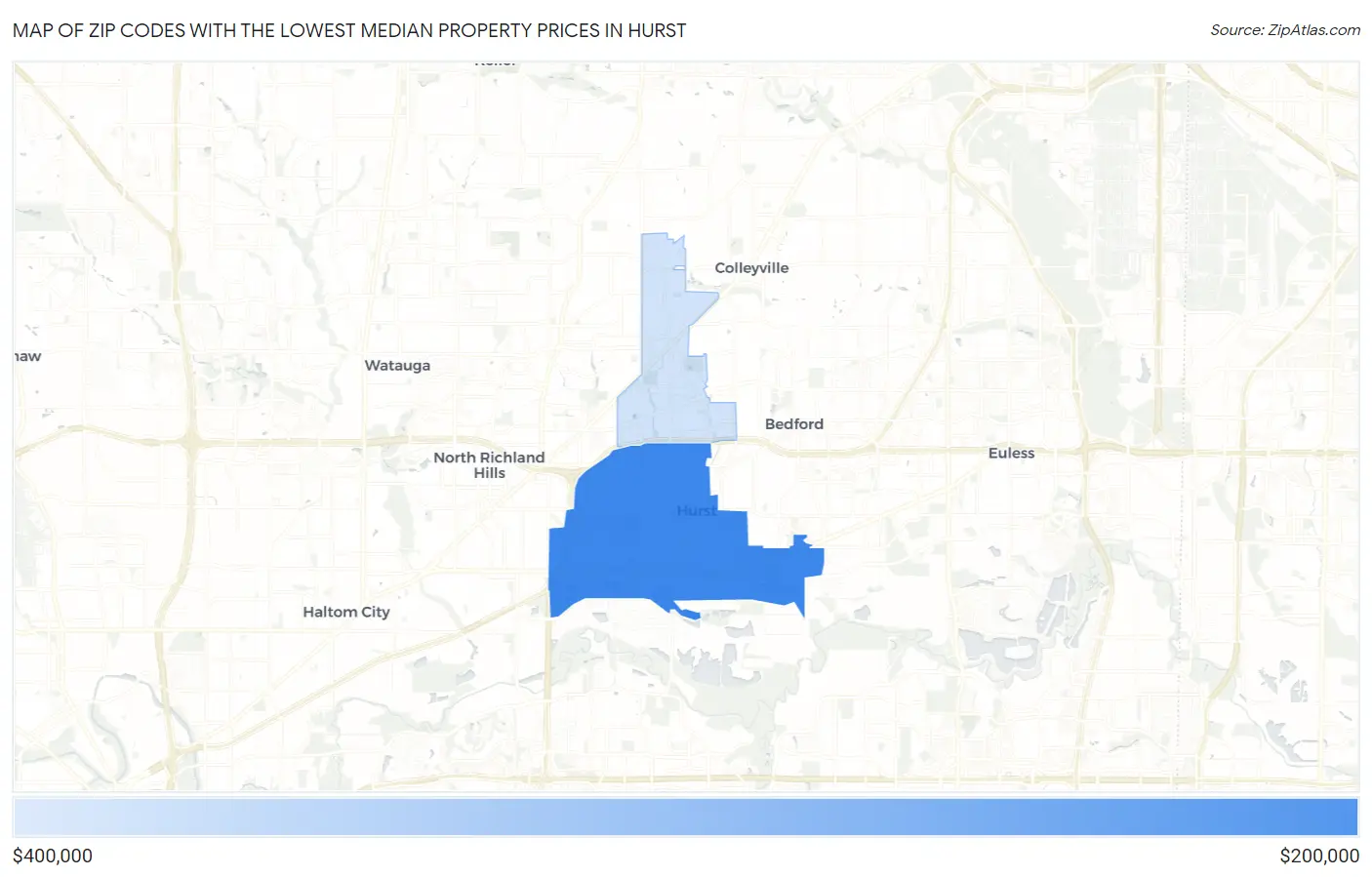 Zip Codes with the Lowest Median Property Prices in Hurst Map