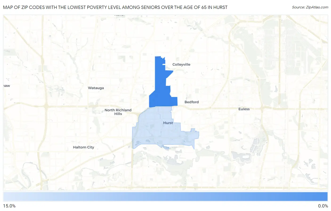 Zip Codes with the Lowest Poverty Level Among Seniors Over the Age of 65 in Hurst Map