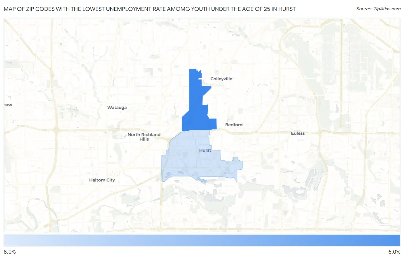 Zip Codes with the Lowest Unemployment Rate Amomg Youth Under the Age of 25 in Hurst Map