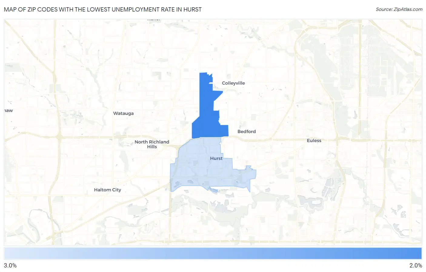 Zip Codes with the Lowest Unemployment Rate in Hurst Map