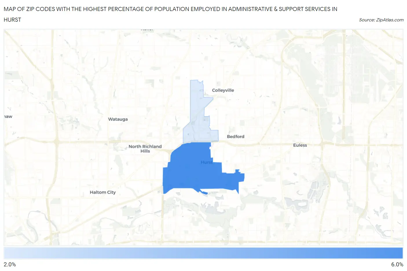 Zip Codes with the Highest Percentage of Population Employed in Administrative & Support Services in Hurst Map
