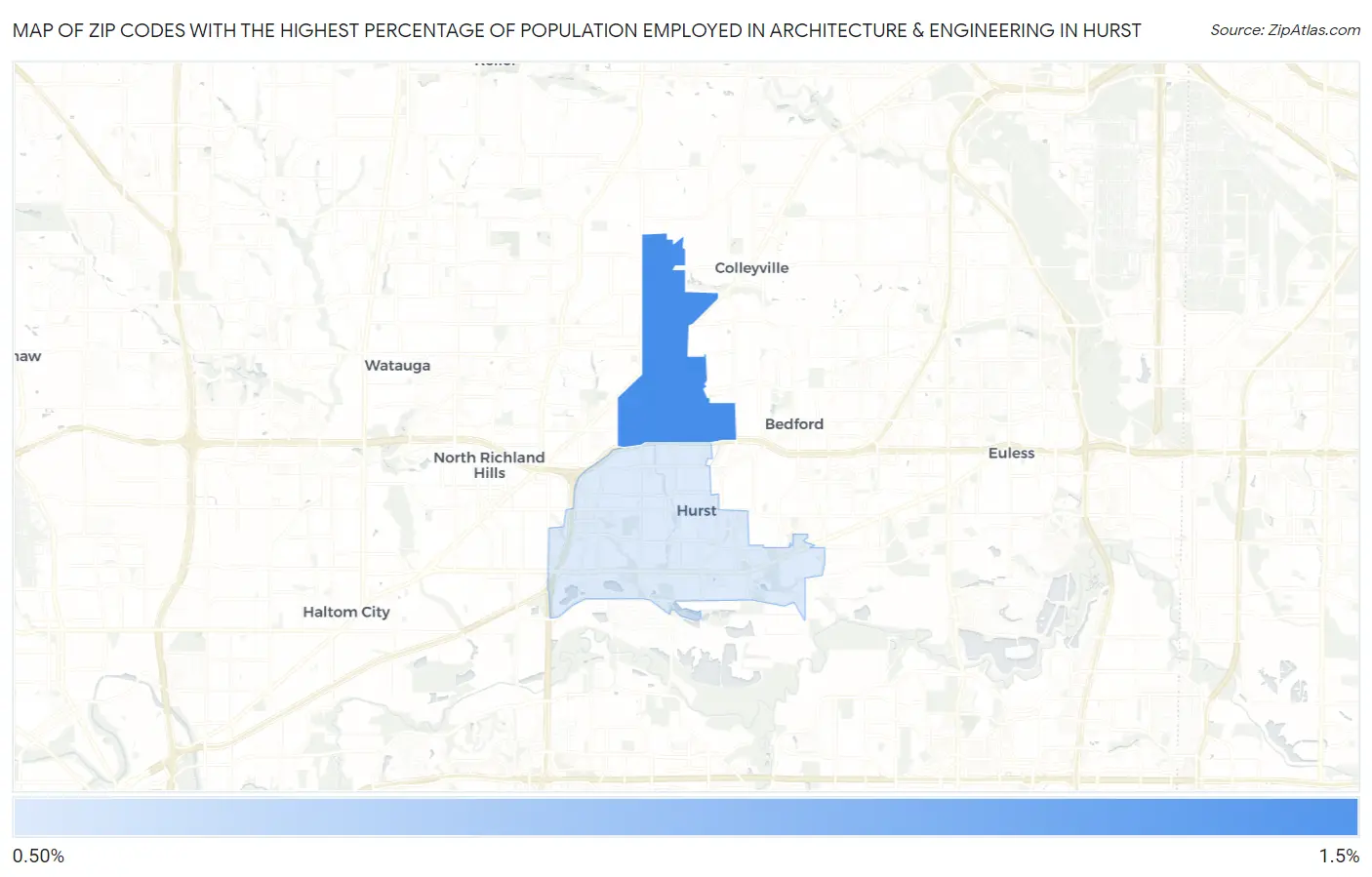 Zip Codes with the Highest Percentage of Population Employed in Architecture & Engineering in Hurst Map
