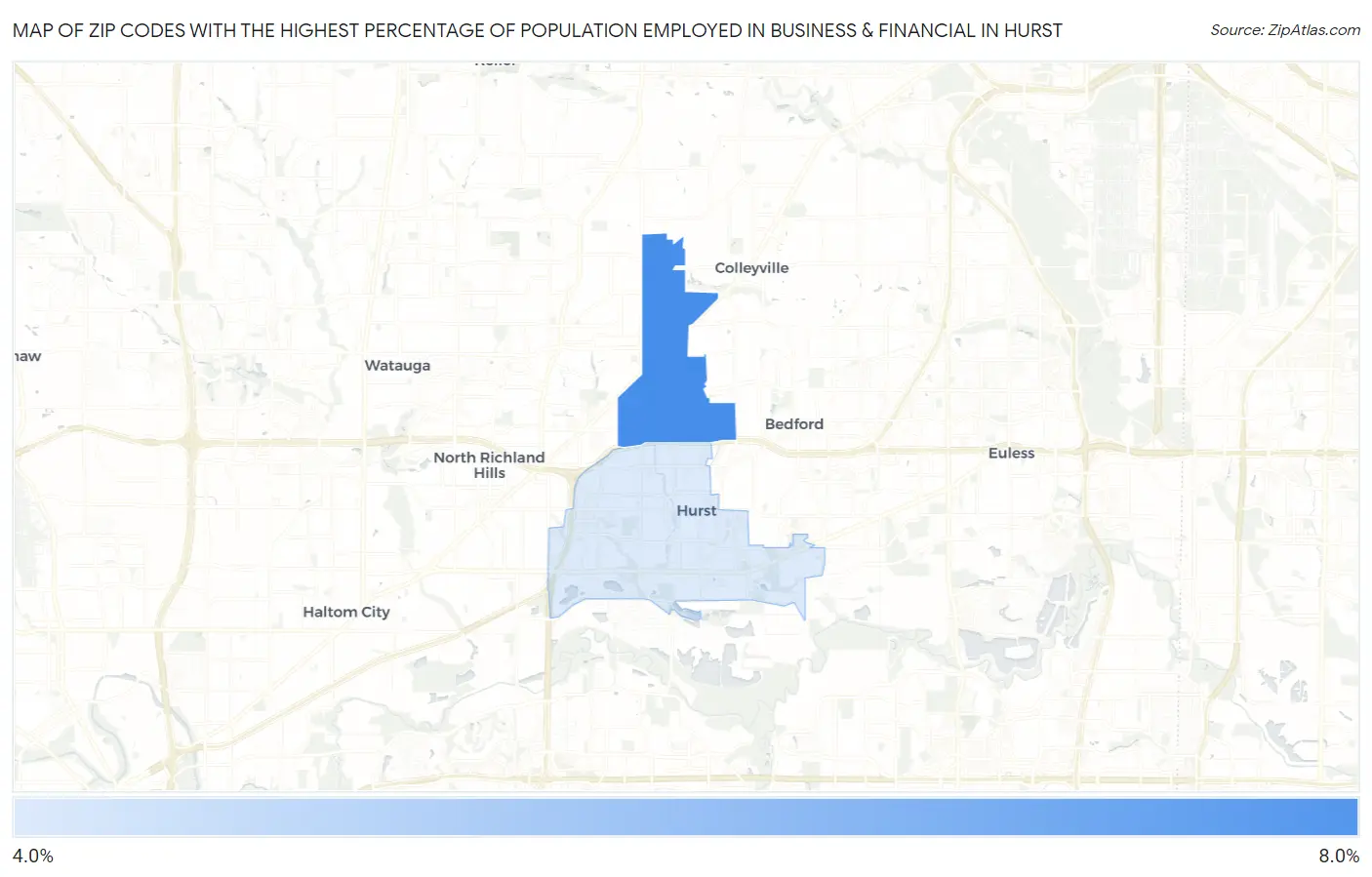 Zip Codes with the Highest Percentage of Population Employed in Business & Financial in Hurst Map