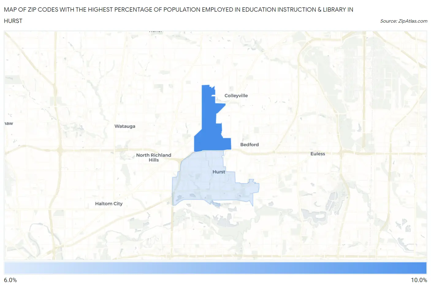 Zip Codes with the Highest Percentage of Population Employed in Education Instruction & Library in Hurst Map