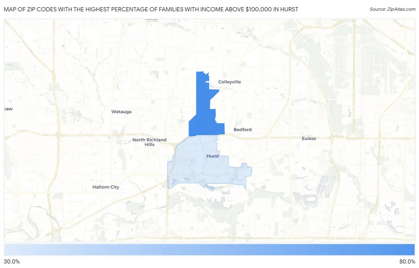 Zip Codes with the Highest Percentage of Families with Income Above $100,000 in Hurst Map
