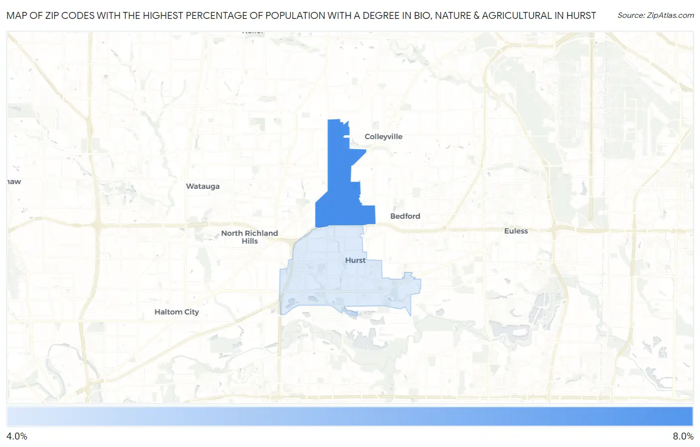 Zip Codes with the Highest Percentage of Population with a Degree in Bio, Nature & Agricultural in Hurst Map