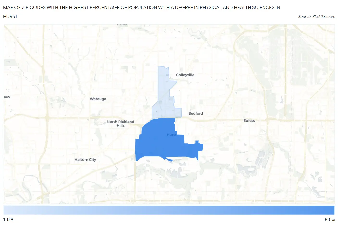 Zip Codes with the Highest Percentage of Population with a Degree in Physical and Health Sciences in Hurst Map