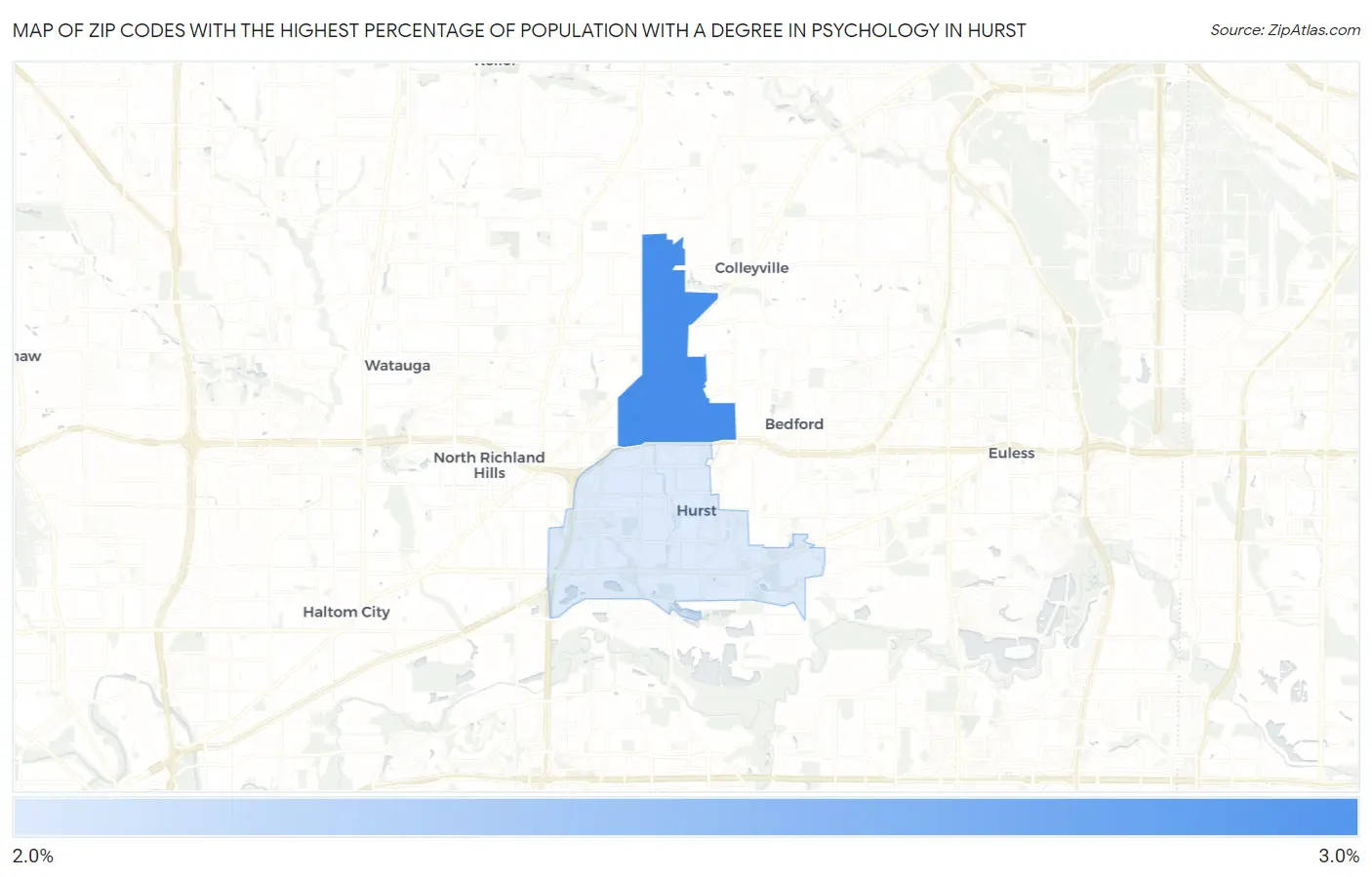 Zip Codes with the Highest Percentage of Population with a Degree in Psychology in Hurst Map