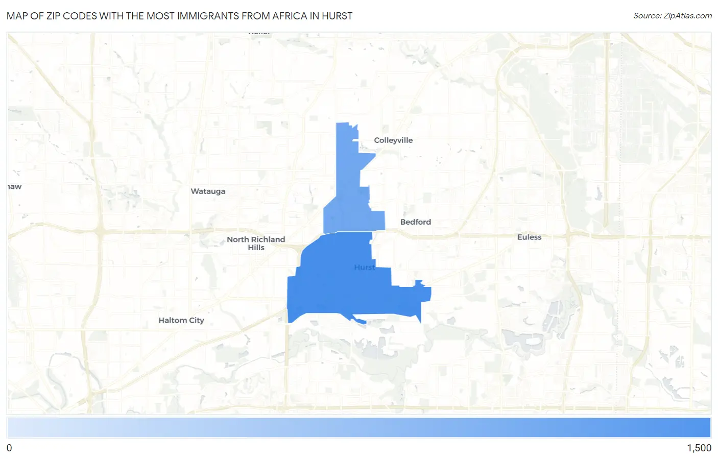 Zip Codes with the Most Immigrants from Africa in Hurst Map