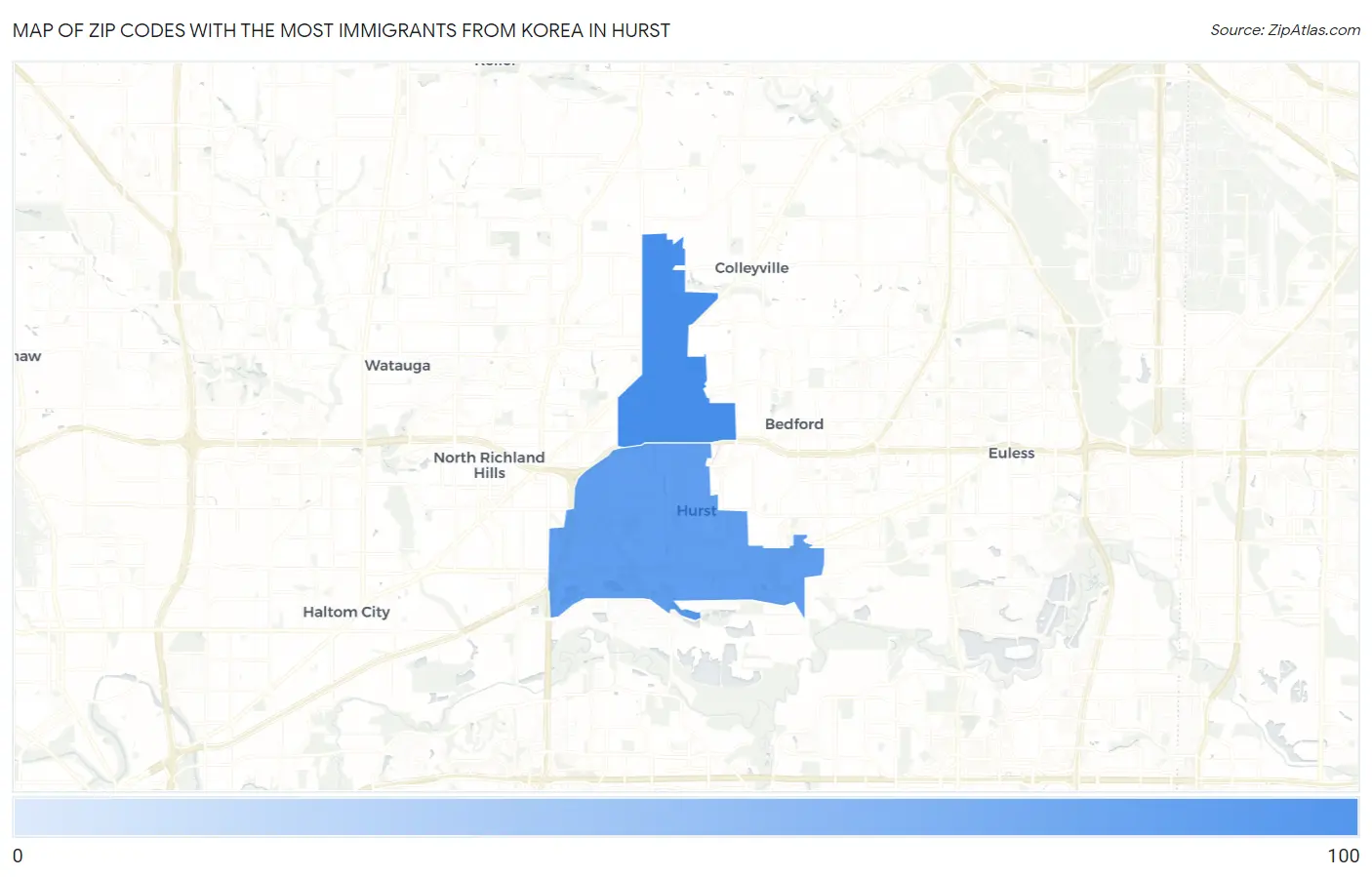 Zip Codes with the Most Immigrants from Korea in Hurst Map