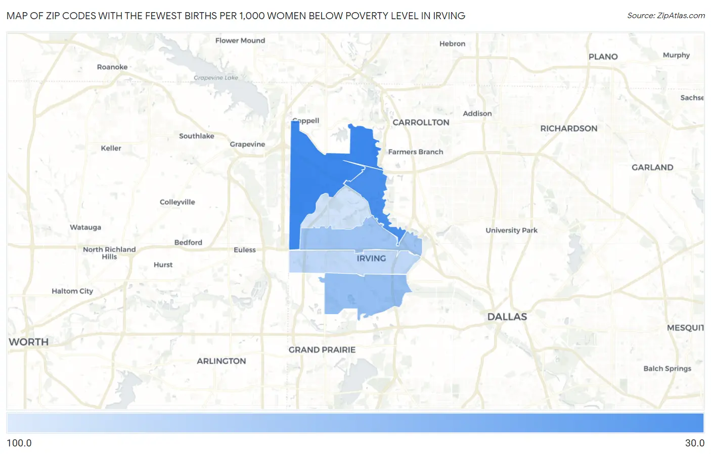Zip Codes with the Fewest Births per 1,000 Women Below Poverty Level in Irving Map