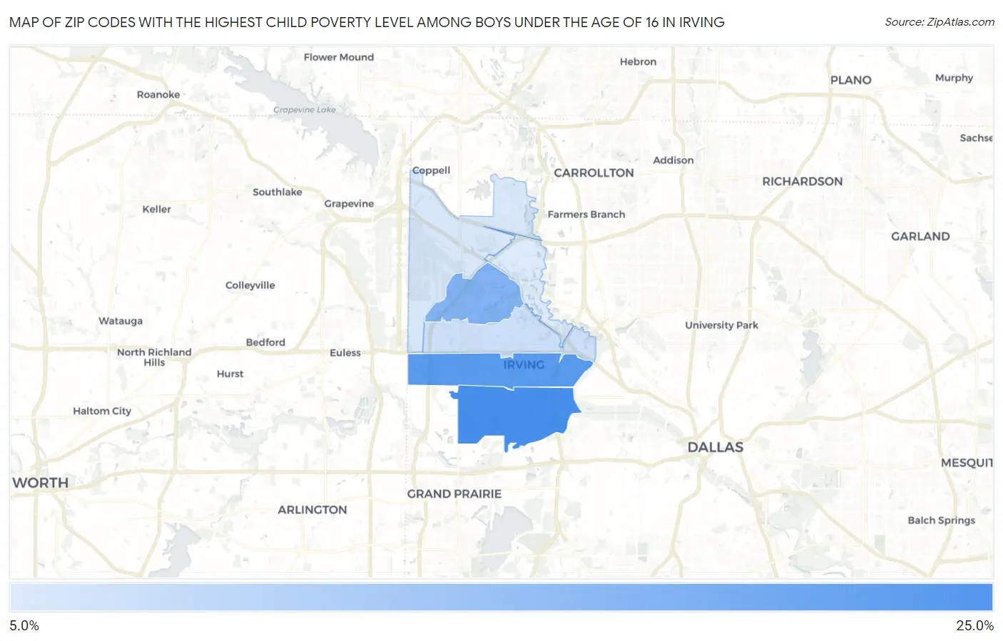 Zip Codes with the Highest Child Poverty Level Among Boys Under the Age of 16 in Irving Map